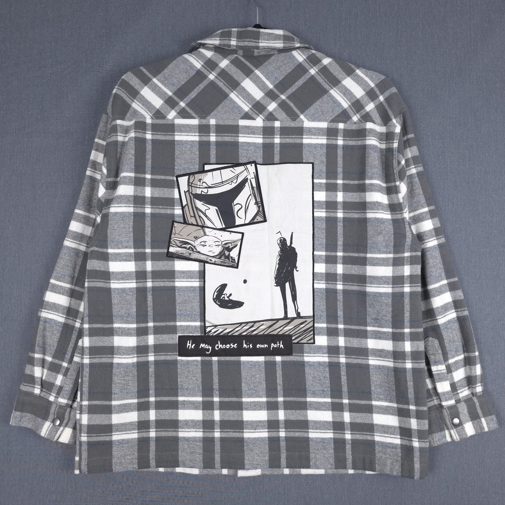 Star Wars The Mandalorian Shirt Jacket Mens Large Gray Plaid Snap Up Shacket